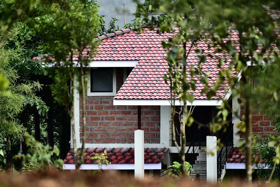 A row of guest cottages surrounded by greenery